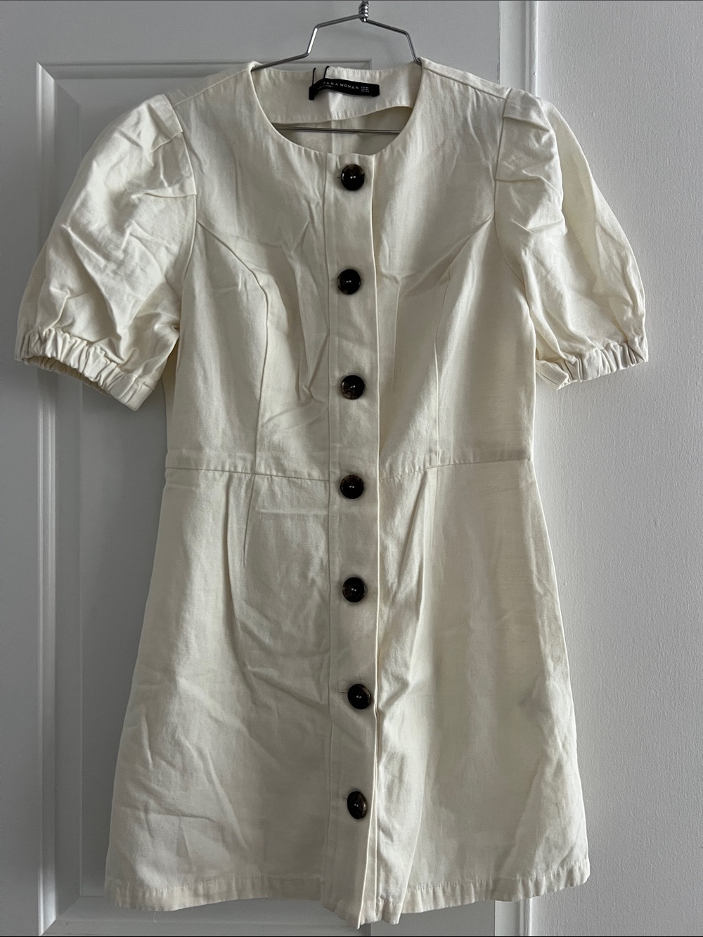 Zara Cream Button-Front Puff-Sleeve Mini Dress